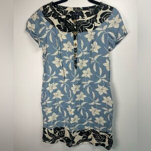 GAP Blue and Black Floral Sheath Dress 100% Linen size 6 pockets